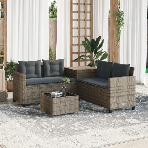 Runheo Gartensofa L-Form Grau, Poly Rattan, 4-Sitzer mit Beistelltisch, Glasplatte, Kissen, UV-beständig, für Terrasse