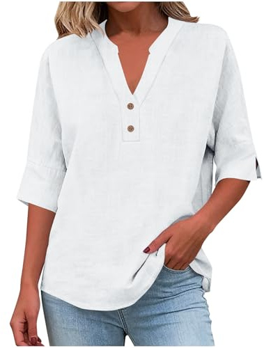 Camicie da Donna in Cotone di Lino Taglie Forti Estive Comodo Blusa Scollo a V Traspirante Casual Magliette in Cotone Vacanza Ufficio Lavoro Camicetta alla Moda da Spiaggia Vintage con Bottoni Bluse