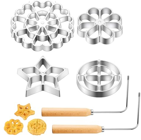 6Pcs/Set Rosette Iron Bunuelos Mold Set Aluminium Alloy Waffle Mold with Wooden Handle Star Flower Round Shape Food Grade Baking Tool for Kitchen Cooking
