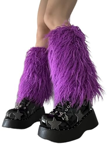 Lerpwige Beinwärmer für Damen, Pelz, Winter, pelzig, lange Stiefelstulpen, flauschiges Party-Kostüm für Urlaub, Festival, Spielen, Kunstpelze, Beinstulpen für Damen, D Lila, One size
