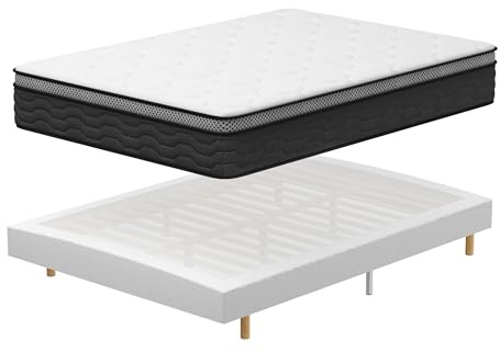 DEWINNER Ensemble Matelas et Sommier 140x190, Lit 140x190 avec Sommier tapissier et Matelas Ressorts Ensachés 140x190x25,9 Pieds Inclus (Pack Matela 140 x 190+Sommier tapissier)