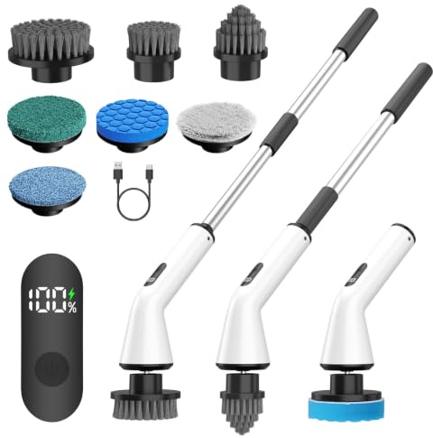 Electric Spin Scrubber with Long Handle | IPX7 Waterproof Power Cleaning Brush for Bathroom & Car,7-in-1 Cordless Power Scrubber for Shower Tub Tile Grout Floor Kitchen Sink Wheel Cleaning