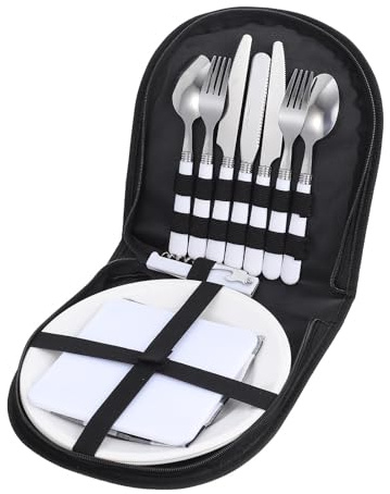 Ensemble D'ustensiles de Camping en Acier Inoxydable, 4 Personnes | Noir, Réutilisable et Facile à Nettoyer, pour Voyage et Pique-niques, Compatible Lave-vaisselle