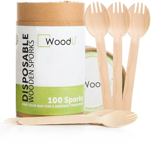 WoodU Disposable Wooden Spork, 6.5 Eco Friendly Utensils, Cutlery Biodegradable Compostable Natural Birchwood Spork, Party Supplies Camping BBQ, Picnic, Birthday Parties (Pack of 100) Go Green!