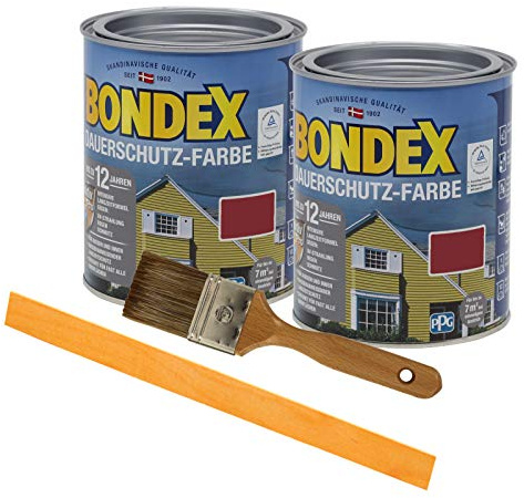 Bondex Dauerschutzfarbe deckend 2 x 0,75l Wetterschutzfarbe Holzschutzfarbe Holzfarbe bis zu 12 Jahre wetterbeständig für Holz und Zink Außen inkl. Pinsel und Rührstab (schwedenrot)