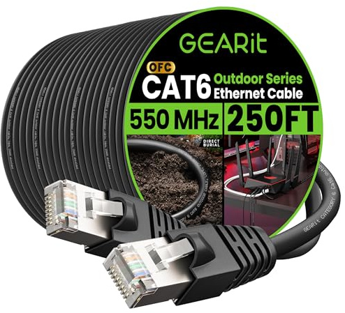 GEARit Cat6 Outdoor Ethernet Cable (250ft) 23AWG Pure Copper, FTP, LLDPE, Waterproof, Direct Burial, In-Ground, UV Resistant, POE, Network, LAN, Internet, Cat 6, Cat6 Cable - 250 Feet