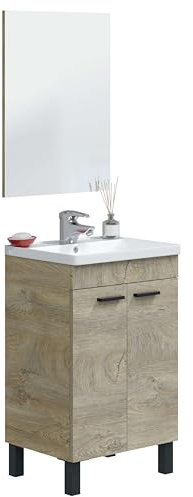 Miroytengo Mueble de Baño Ezio Estilo Natural en Color Roble Alaska con Espejo, 2 Puertas y Patas 50x80x50 cm (Lavabo Cerámico)