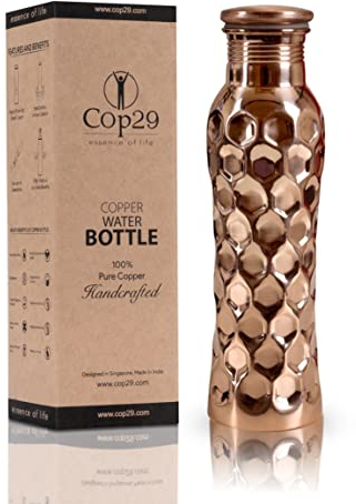 COP29 Handgemachte Fee-Wasserflasche aus reinem Kupfer: EIN ayurvedisches Kupfergefäß, Geschenkverpackung - 900 ml (glänzende Wabe)…