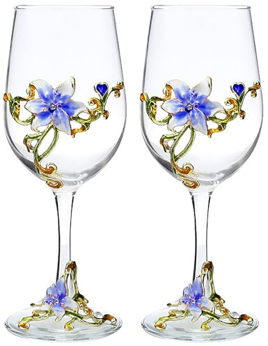 XUDREZ Weinglas-Set, handgefertigt, bemalt, Emaille, Blume, Gin-Ballon, Rotweinglas, 2er-Set, Geburtstagsgeschenke für Frauen, Mutter, Freunde, Muttertag, bleifrei (blaue Lilie (2er-Set)