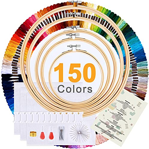 Stickerei Set Kreuzstich Set für anfänger, Stickset 150 Farben Stickgarn, 30 Nähstifte, 5 PCS Bambus-Stickrahmen, 3 PCS Kreuzstichgewebe aus und Kreuzstichwerkzeug-Kit zum Nähen