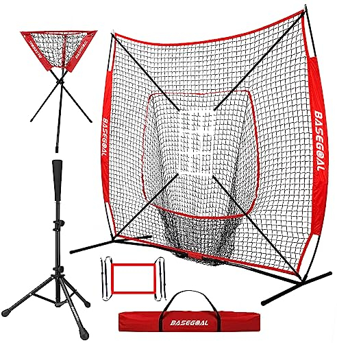 BaseGoal Baseball-Softball-Übungsnetz, Baseball-Rücklaufsperre, mit Batting-Tee, Ball-Caddy, zum Schlagen, Schlagen, Fangen mit Bogenrahmen, Bonus-Strike-Zone, tragbar und faltbar, Rot