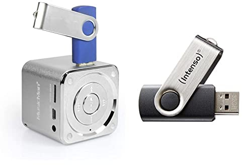 MusicMan Mini Soundstation (MP3 Player, Stereo Lautsprecher, Line In Funktion, SD/microSD Kartenslot) Silber & Intenso Basic Line 32 GB USB-Stick USB 2.0 Silber/schwarz, 3503480