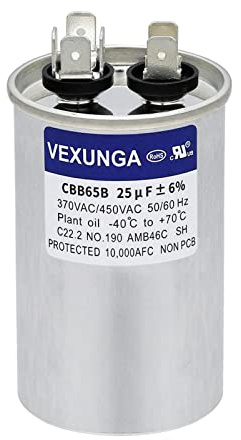VEXUNGA Kondensator 25uF 25 MFD 370VAC 440VAC 450VAC 50/60Hz Runder AC Kondensatoren CBB65 für Klimaanlage Kompressor Motor Luft Wärmepumpe oder Lüftermotoren