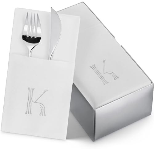 50-Pack Monogrammed Napkins With Pocket For Flatware, 16 x 16 Silver Foil Letter K Disposable Linen-Feel Napkins, Prefolded Silverware Pocket Napkins For wedding, Party Or Baby Shower