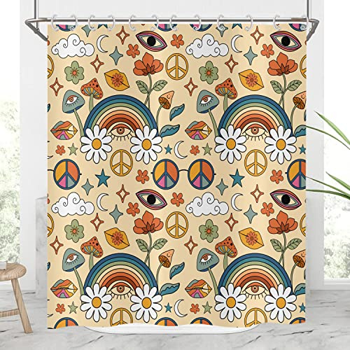 Hnmdmyi Duschvorhang Boho Pilz 180x180, Retro Floral Regenbogen Wolke Badewanne Vorhang Hippie Niedlich Funky Pilze Augen Vintage Wasserdicht Polyester Stoff Waschbar Badevorhang mit Haken
