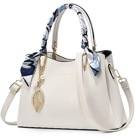 FORRICA Handtasche Damen Henkeltaschen mit Exquisiter Anhänger Elegant Umhängetasche PU Leder Schultertasche für Reisen Bankett Shopper Weiß