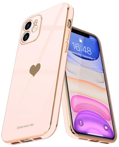 Teageo för iPhone 11 fodral sött hjärtmönster för kvinnor flickor smal lyxig bling-plätering mjuk TPU anti-repor stötsäker stötfångare telefonfodral för iPhone 11, ljusrosa