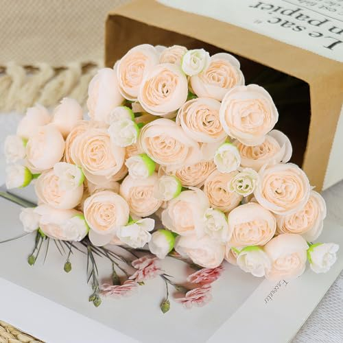 SOMYTING Ranunculus Artificial Flower, Faux Silk Mini Ranunculus Flowers for DIY Bouquet, Bulk Fake Wedding Filler Flowers for Centerpieces Arrangements Bridal Shower Decorations (18, Champagne)
