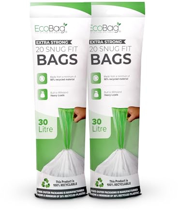 EcoBag - 40 Pack White Kitchen Drawstring Bin Liner - 30L - 25 Microns - Heavy Duty, Extra Strong, Eco-Friendly, Tear Resistant, Clear Recycling Bags (465 x 750mm)
