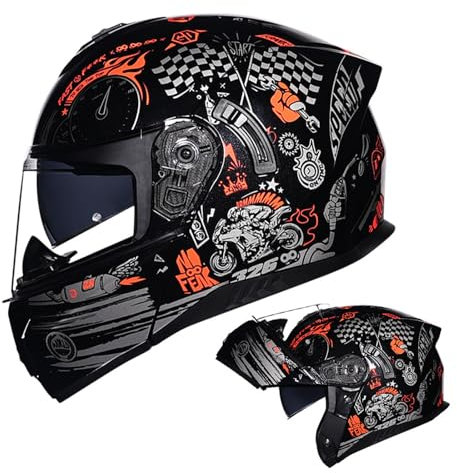 RYDZCLH Motorradhelme Modularer Motorradhelm Motorradhelm ATV-Helm Mit Doppelvisier Integralhelm Klapp-Motorradhelm DOT-Geprüft,Black orange,L 57~58cm