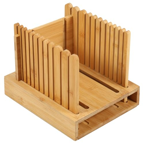Trancheuse à pain en bambou pour pain fait maison, 3 largeurs réglables, avec plateau ramasse-miettes, trancheuse à pain pliable en bois, planche à découper compacte pour pain fait maison, pain, pain