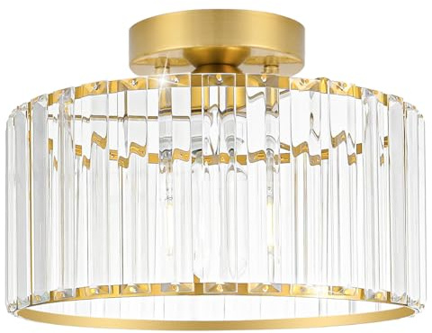 Crystal Ceiling Light Fixture, Modern Semi Flush Mount Ceiling Light, Gold Hallway Lighting Fixtures Chandelier for Kitchen, Close To Ceiling Light Fixtures for Entryway Bedroom, 1-Light, 11Inch
