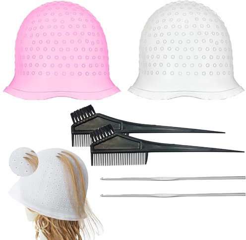6 Pcs of Highlighting Cap, Highlighting Kit with Hook and Coloring Brush, Hair Highlighting Kit, Reusable Silicone Hat for Beauty Salons, Suitable for Men and Women'S Hair Dyeing with Highlighting Cap