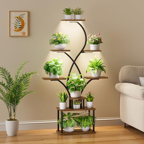 BACEKOLL Pflanzenregal mit Wachstumslicht - 8 Ebenen Blumenregal 158cm Metall Holz Pflanzenständer - Innen & Außen Blumentreppe - Dekoratives Schwarz Blumenständer für Innenbereich Garten Balkon