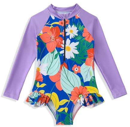 HPSOM Girls Swimsuit Kids Long Sleeve One Piece Swimwear Zipper Bathing Suit UV Protection Toddler Girl Rash Guard Swimming 3-10Y Purple