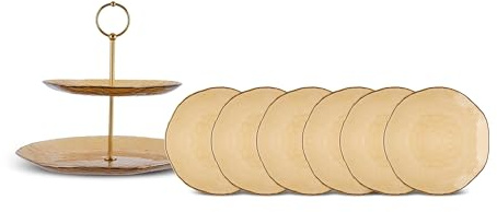 KARACA Dune - 7-teiliges Teller set 6 Personen mit Servier Etagere 2 Etagen, Dessertteller Glas (21cm) & Runder Servierständer/Kuchenständer aus Glas - Braun