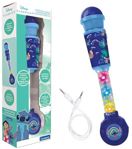 Lexibook, Disney Stitch, Micrófono Luminoso para Niños, Juguete Musical, Altavoz Integrado, Efectos Luminosos, Entrada Aux-in, Azul, MIC90D