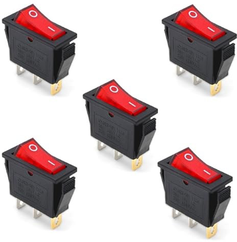 Interrupteur à bascule unipolaire - Lumineux - 16A / 250V - 20A / 125V - Avec touche rouge - Sachet de 5 unités