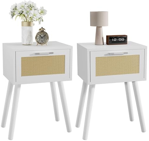 YMYNY Nattduksbord set med 2, slutbord, litet nattduksbord, handgjord rottingdekorerad låda, massiva träben, 35 × 27 × 53 cm, modernt sidobord för sovrum, vardagsrum, vit HST010W-2