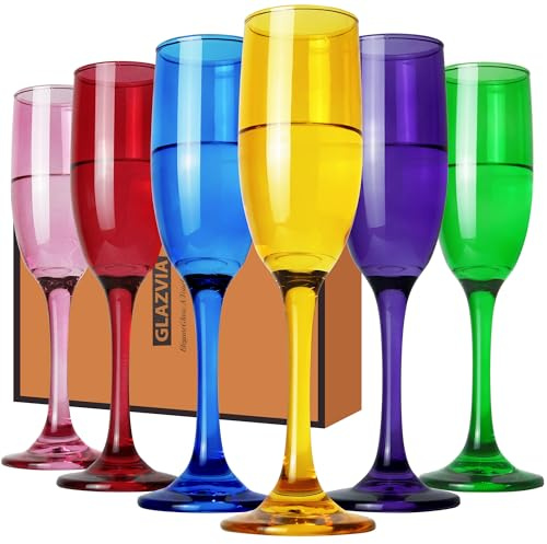 GLAZVIA Champagne Flutes Glasses Set of 6, 6oz Multi Colored Glass | Unique Colorful Long Stem Champagne Flute Gift for Wedding, Anniversaries, Parties, Birthday, Restaurant, Home Bar