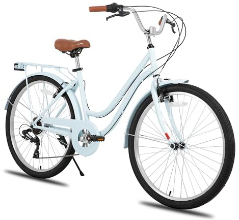 Hiland 26 Zoll Cityräder für Erwachsene, Step-Through Rahmen Damenfahrrad mit Gepäckträger, Herren und Damen 7 Gang-Schaltung Hollandfahrrad Citybike, City-Pendlerfahrrad für Männer