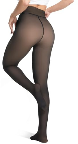 Unesmaro Womens Fleece Lined Tights, Translucent Thermal Pantyhose Leggings | Faux Sheer Illusion, Tummy Control Waistband, Glute-Defining Single Seam, Butt Lifting, 220g Fleece, Plush Soft, Winter Warm