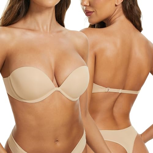 Femme Soutien-Gorge sans Bretelles Push-Up Antidérapant Invisible à Armatures Dos Nu Multi-Positions Rembourré Plongeant (Nude, 90F)