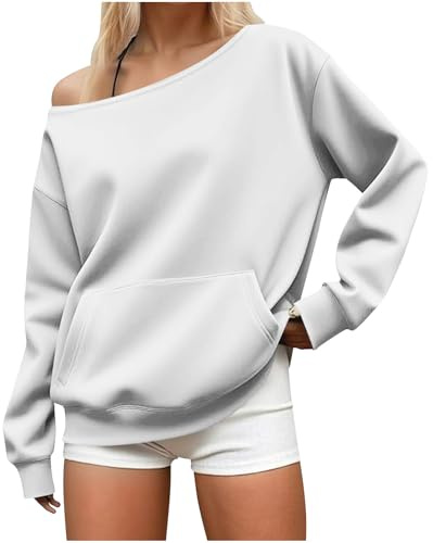 Off The Shoulder Tops for Women Long Sleeve Off Shoulder Jumper Soft Lightweight Ladies Sweatshirt Causal Loose Blouse with Pocket Oversized Tshirts Tunic