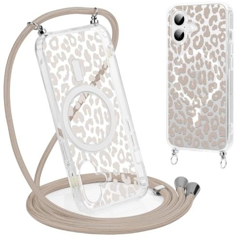 Coalbooliy Handyband Handyhülle für iPhone 17 Hülle 6,3 mit Band Cover Kompatibel mit Magsafe, Transparent Aesthetic Leopard Muster Cover mit Kordel zum umhängen Case Kameraschutz Stoßfest, 01