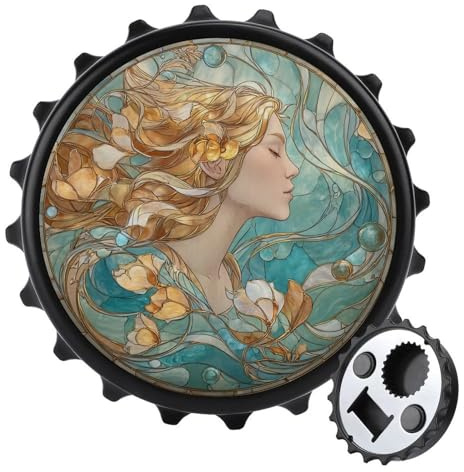 Décapsuleur rond en verre teinté avec motif femme et fleurs pour réfrigérateur, cuisine, bureau