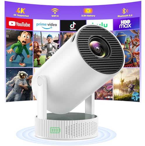 Mini Projector 4K with WiFi and Bluetooth, HOTPEAK Smart Portable Projector with Built-in Rechargeable Battery for Outdoor, Home Video Projetor for Bedroom Compatible with TV Stick/HDMI/USB/Laptop