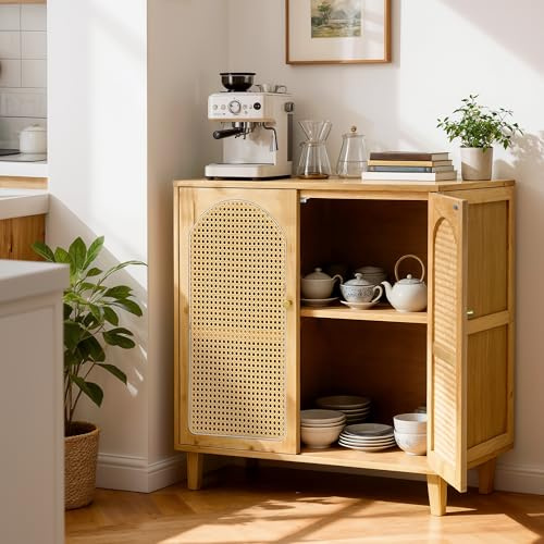 unho Aparador de Madera de Cocina con Puertas - Mueble de Almacenamiento Moderno con Estantería Ajustable para Cocina, Comedor o Salón, 75x39x82cm - Natural