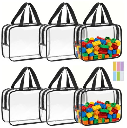 QWORK® 6 Piezas Bolsas de Almacenamiento de Juguetes Transparentes, 30x22x10CM PVC Organizador Impermeable con Mango Reforzado para Bloques de Construcción, Artículos de Aseo y Manualidades