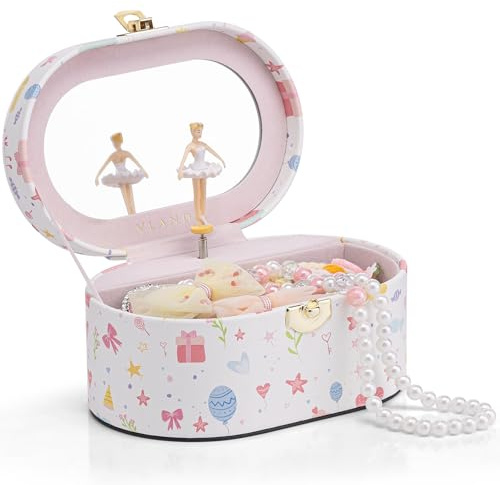VLANDO Musical Jewellery Box, Kids Jewellery Box with Ballerina | 16.5*10.8*8.4cm, Birthday Gift for Ages 4 5 6 7 8-12 Year Old, PU leather, Music Box for Children, child-friendly materials