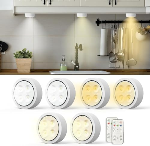 Moman Schrankbeleuchtung 6 Stück, 3 Farbtemperaturen LED Unterbauleuchtenl mit Fernbedienung, Dimmbar Batteriebetrieben Timing-Funktion Vitrinenbeleuchtung Nachtlicht für Küche, Schlafzimmer (T048)