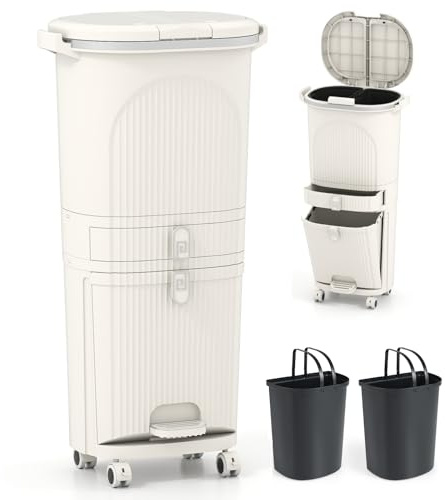 COSTWAY Recycling Bins, 38L/42L/43L Dry and Wet Separation Trash Can with 3 Compartments, Wheels, Stickers & Handle, Vertical Waste Separation System Pedal Garbage Can (Beige, 42L, 2 Lids, 1 Drawer)