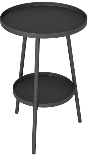 Outsunny Beistelltisch Garten Zweistufig Gartentisch Ø32 x 51H cm Schwarz | Mit Erhöhten Kanten, Runder Balkontisch, Kaffeetisch, 30kg Belastbar, Sofatisch für Outdoor Indoor Balkon Terrasse Büro