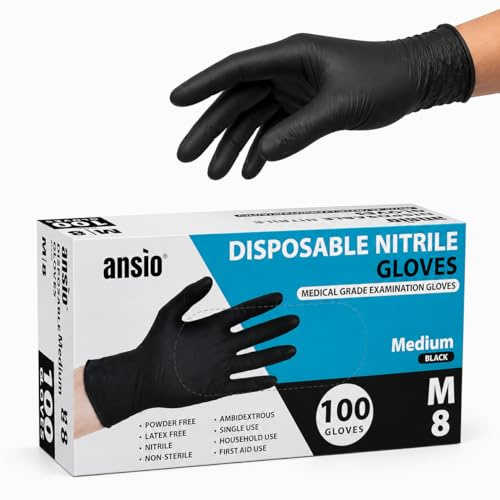 ANSIO Black Nitrile Latex Free Disposable Gloves Medium, 100 Pack | Powder Free, Food Safe, Touchscreen Compatible, Cleaning, Food Prep, Hair Dye & DIY