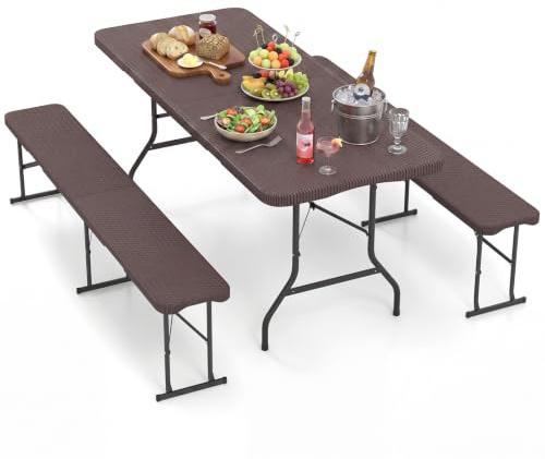 COSTWAY Bierzeltgarnitur klappbar, 180x74x73cm, 3-teilige Biertischgarnitur | Bierbankgarnitur in Rattan-Optik, 2X Bierbänke 1X Biertisch, Festzeltgarnitur, Biergartengarnitur