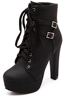 ForeMode Women Autumn Round Toe Lace up Ankle Buckle Chunky High Heel Platform Knight Boots（Black,6）